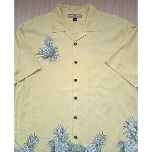 Tommy Bahama Shirt Mens L Yellow 100% Silk Hawaiian Camp Pineapple Aloha